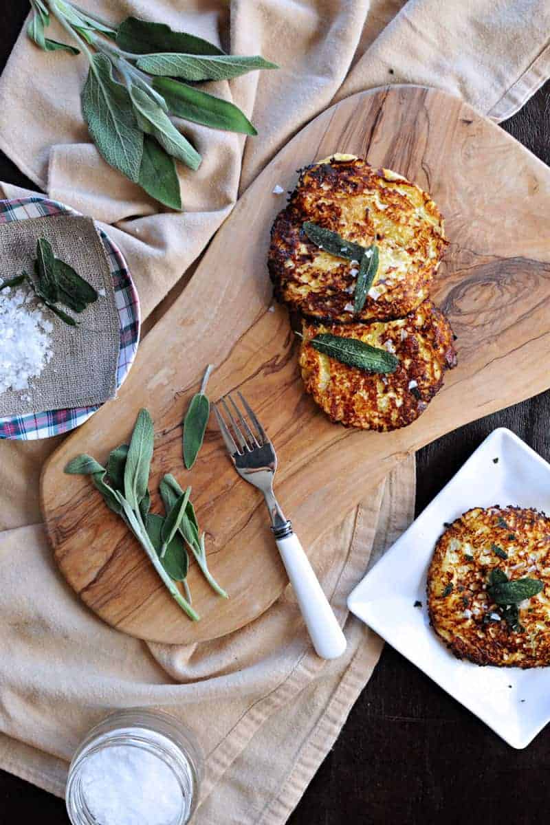 Parmesan-Ricotta Spaghetti Squash Fritters with Crispy Fried Sage recipe (via thepigandquill.com) #vegetarian #thanksgivingmenu #glutenfree