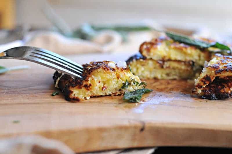 Parmesan-Ricotta Spaghetti Squash Fritters with Crispy Fried Sage recipe (via thepigandquill.com) #vegetarian #thanksgivingmenu #glutenfree