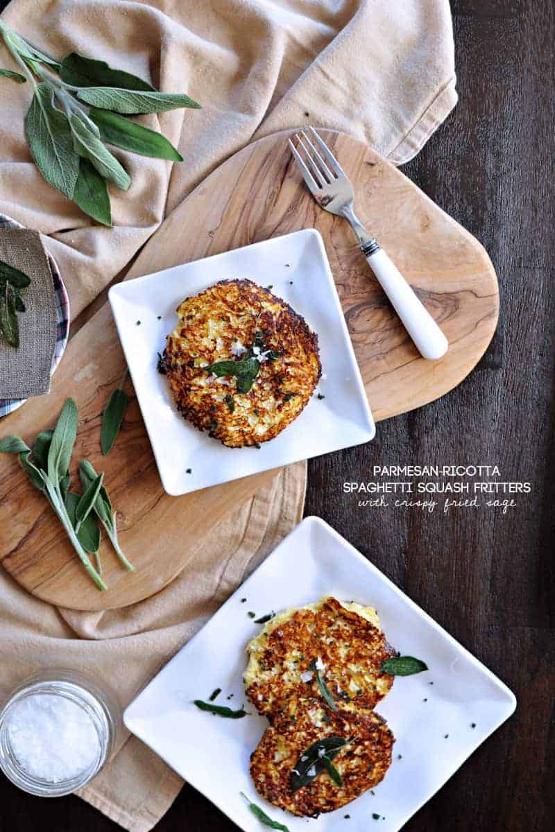 Parmesan-Ricotta Spaghetti Squash Fritters with Crispy Fried Sage recipe (via thepigandquill.com) #vegetarian #thanksgivingmenu #glutenfree