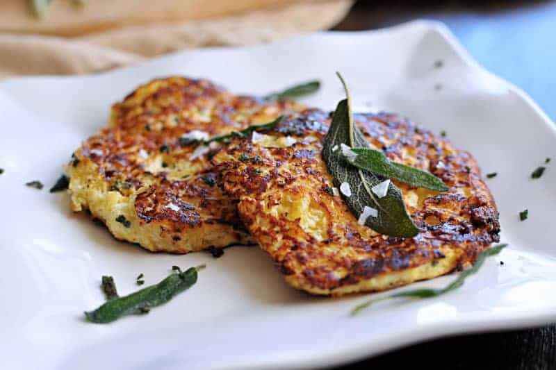 Parmesan-Ricotta Spaghetti Squash Fritters with Crispy Fried Sage recipe (via thepigandquill.com) #vegetarian #thanksgivingmenu #glutenfree