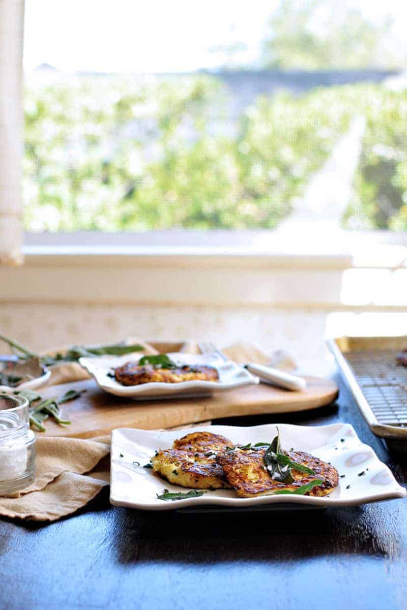 Parmesan-Ricotta Spaghetti Squash Fritters with Crispy Fried Sage recipe (via thepigandquill.com) #vegetarian #thanksgivingmenu #glutenfree