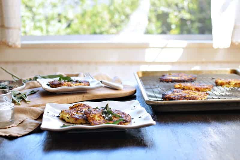 Parmesan-Ricotta Spaghetti Squash Fritters with Crispy Fried Sage recipe (via thepigandquill.com) #vegetarian #thanksgivingmenu #glutenfree