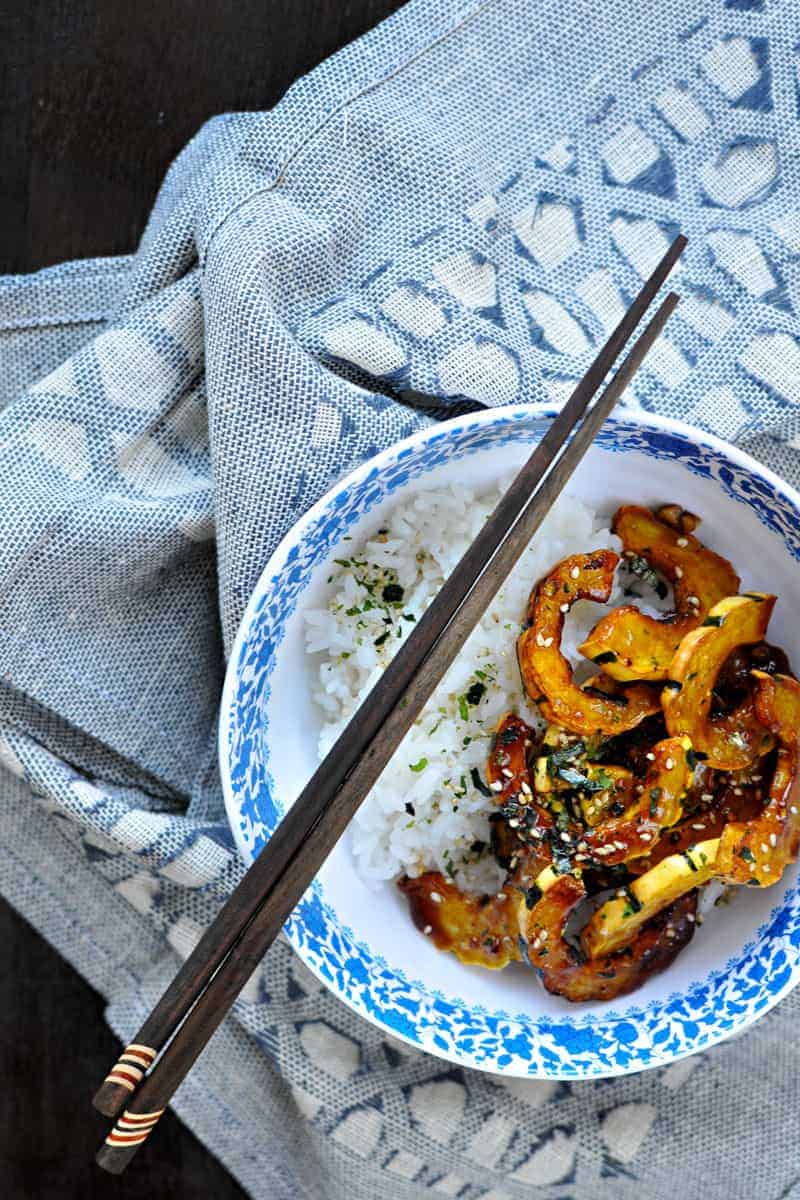 fried honey-garlic delicata with white miso + furikake // #glutenfree #fall #vegan #QSquaredNYC