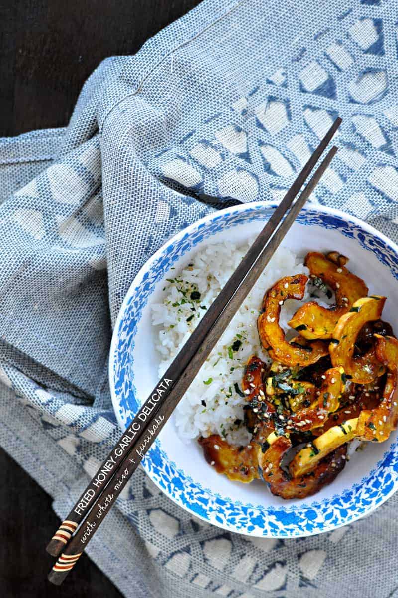 fried honey-garlic delicata with white miso + furikake // the pig & quill // #glutenfree #fall #vegan #QSquaredNYC