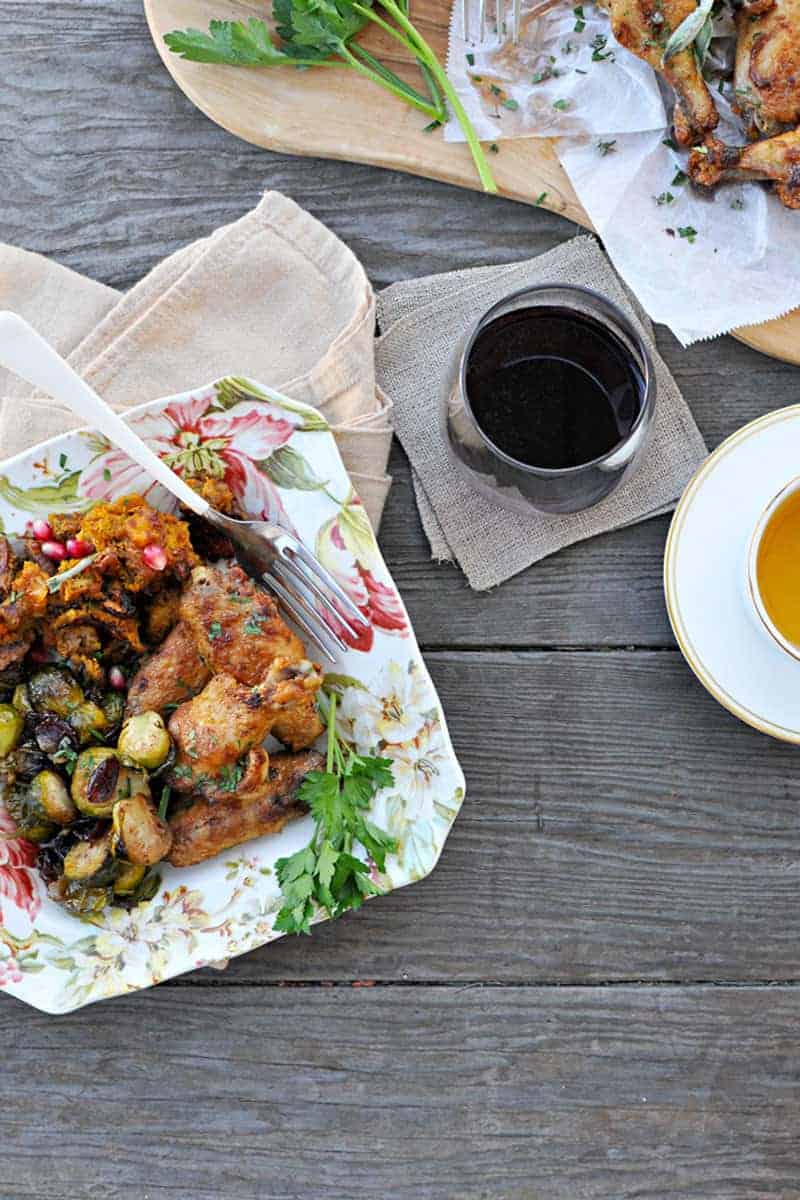 60-minute (Mini) Thanksgiving: Mayo-Roasted Chicken Wings, Cranberry + Spice Brussel Sprouts and Pumpkin-Pecan Stuffing with Cheddar + Thyme // the pig & quill // #thanksgiving #holiday #fall #recipe