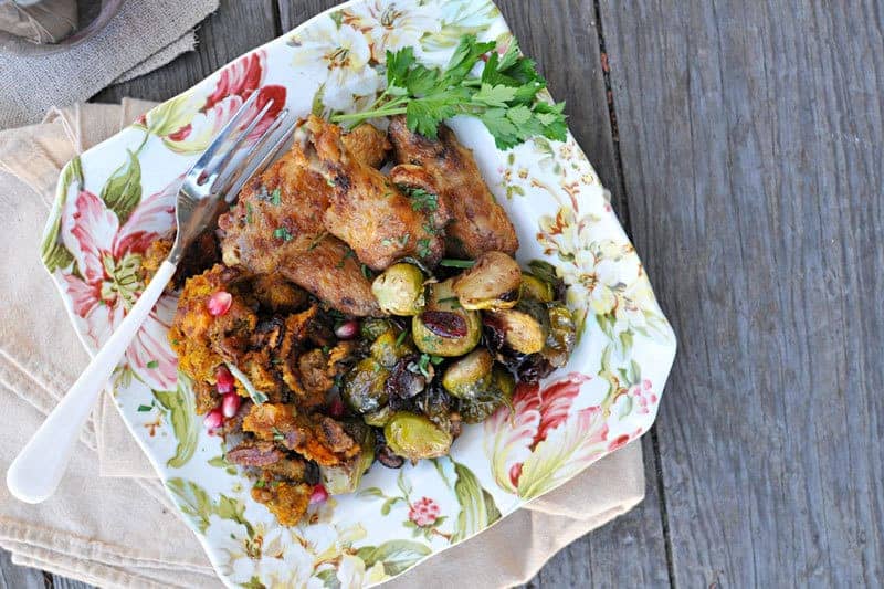 60-minute (Mini) Thanksgiving: Mayo-Roasted Chicken Wings, Cranberry + Spice Brussel Sprouts and Pumpkin-Pecan Stuffing with Cheddar + Thyme // the pig & quill // #thanksgiving #holiday #fall #recipe