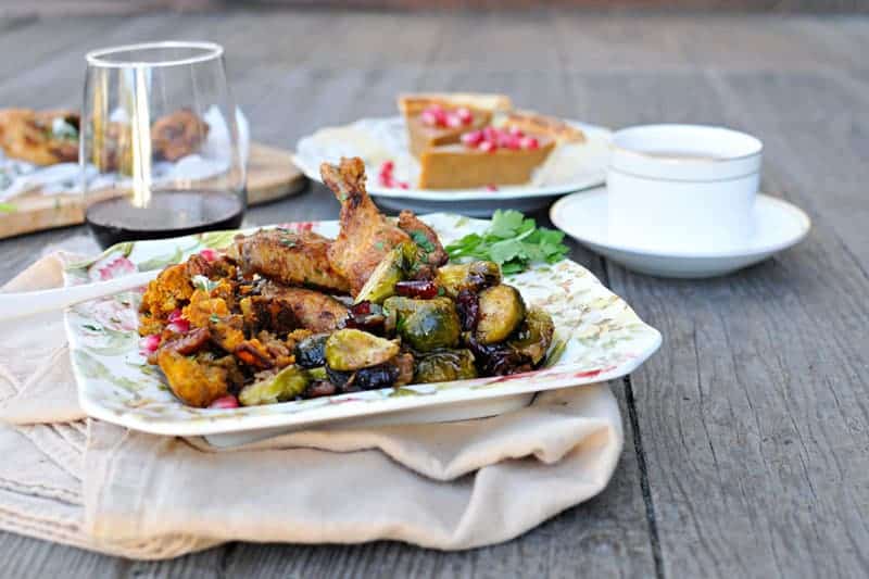 60-minute (Mini) Thanksgiving: Mayo-Roasted Chicken Wings, Cranberry + Spice Brussel Sprouts and Pumpkin-Pecan Stuffing with Cheddar + Thyme // the pig & quill // #thanksgiving #holiday #fall #recipe