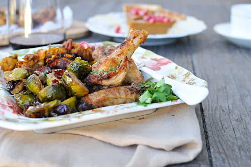 60-minute (Mini) Thanksgiving: Mayo-Roasted Chicken Wings, Cranberry + Spice Brussel Sprouts and Pumpkin-Pecan Stuffing with Cheddar + Thyme // the pig & quill // #thanksgiving #holiday #fall #recipe