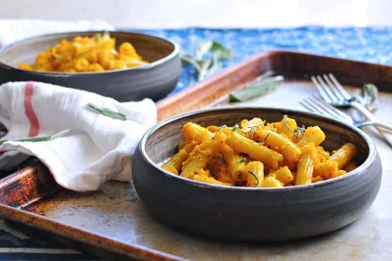 Caramelized Red Kuri Squash Pasta Recipe: A savory and surprisingly hearty vegan/vegetarian pasta ready in about 30 minutes (with GF variation). Find the full recipe at www.thepigandquill.com. #vegan #vegetarian #glutenfree #pasta #recipe #squash #fall