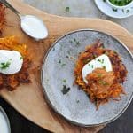 Perfect for entertaining! Crisp potato pancakes with two simple toppings that make great recipes on their own, too. Sweet, spicy, smoky, creamy! Full recipes at www.thepigandquill.com // #holiday #hanukkah #recipe #glutenfree #vegetarian