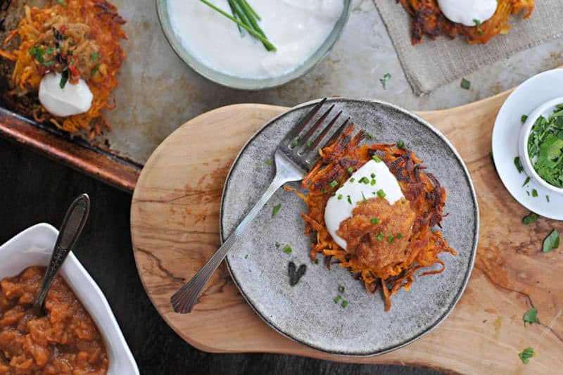 Perfect for entertaining! Crisp potato pancakes with two simple toppings that make great recipes on their own, too. Sweet, spicy, smoky, creamy! Full recipes at www.thepigandquill.com // #holiday #hanukkah #recipe #glutenfree #vegetarian