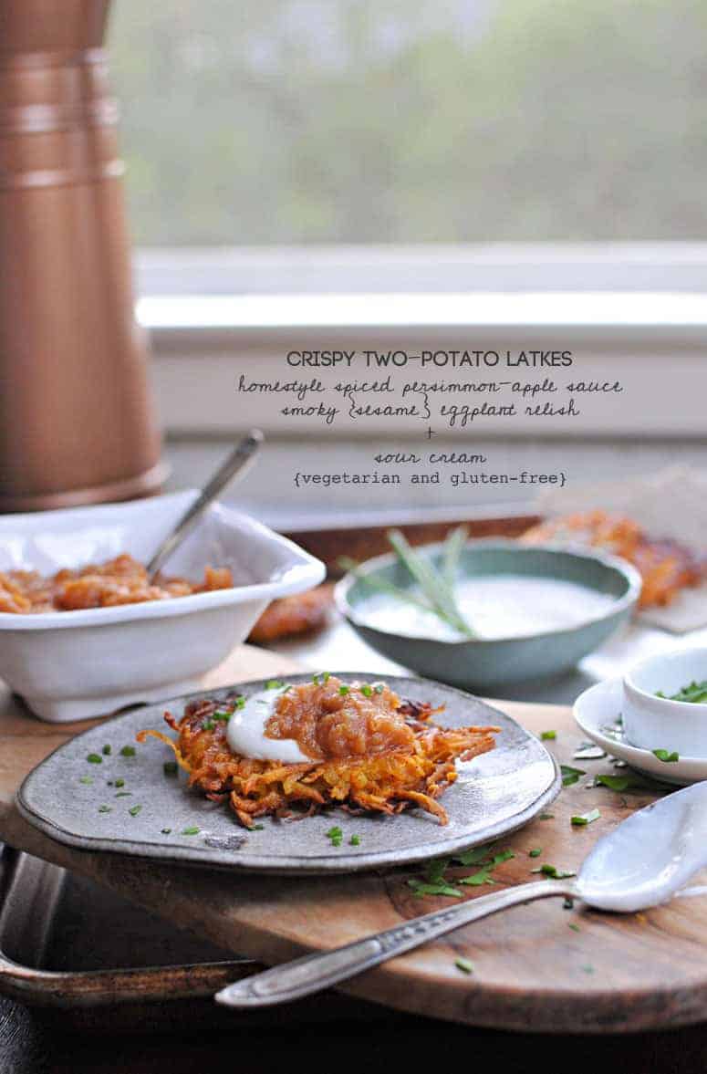 Perfect for entertaining! Crisp potato pancakes with two simple toppings that make great recipes on their own, too. Sweet, spicy, smoky, creamy! Full recipes at www.thepigandquill.com // #holiday #hanukkah #recipe #glutenfree #vegetarian