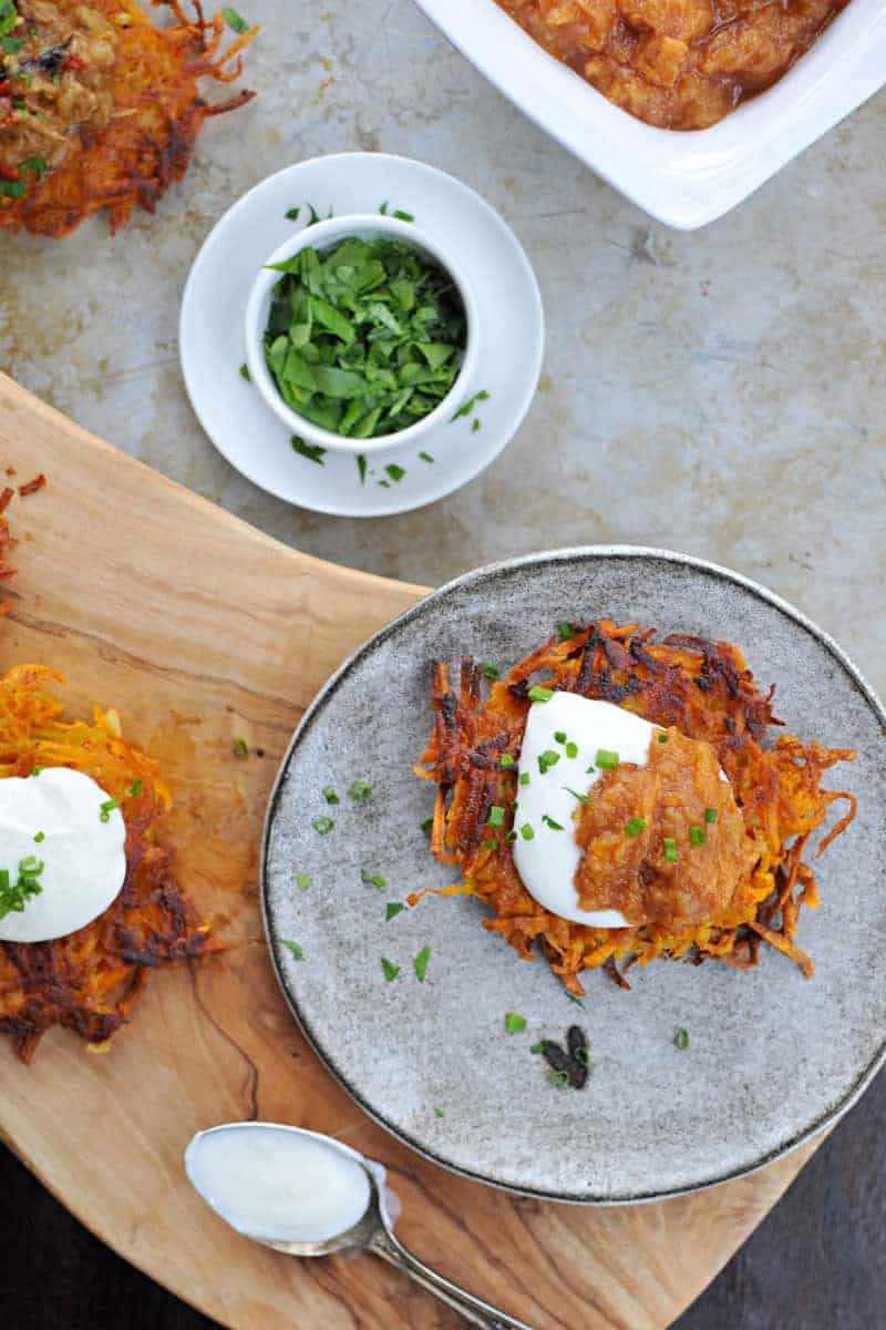 Perfect for entertaining! Crisp potato pancakes with two simple toppings that make great recipes on their own, too. Sweet, spicy, smoky, creamy! Full recipes at www.thepigandquill.com // #holiday #hanukkah #recipe #glutenfree #vegetarian