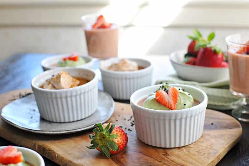 Two easy, perfectly romantic panna cotta recipes - Coconut Cream + Cinnamon-Bourbon Whip and Strawberry Sesame + Matcha Whip. Just 20 mins prep + chilling. Full recipes at www.thepigandquill.com. #recipe #sweets #valentinesday #dairyfree