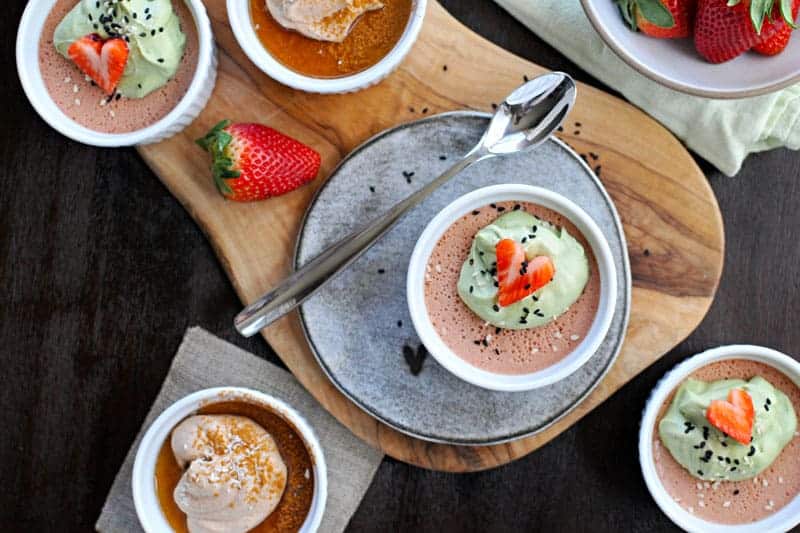 Two easy, perfectly romantic panna cotta recipes - Coconut Cream + Cinnamon-Bourbon Whip and Strawberry Sesame + Matcha Whip. Just 20 mins prep + chilling. Full recipes at www.thepigandquill.com. #recipe #sweets #valentinesday #dairyfree