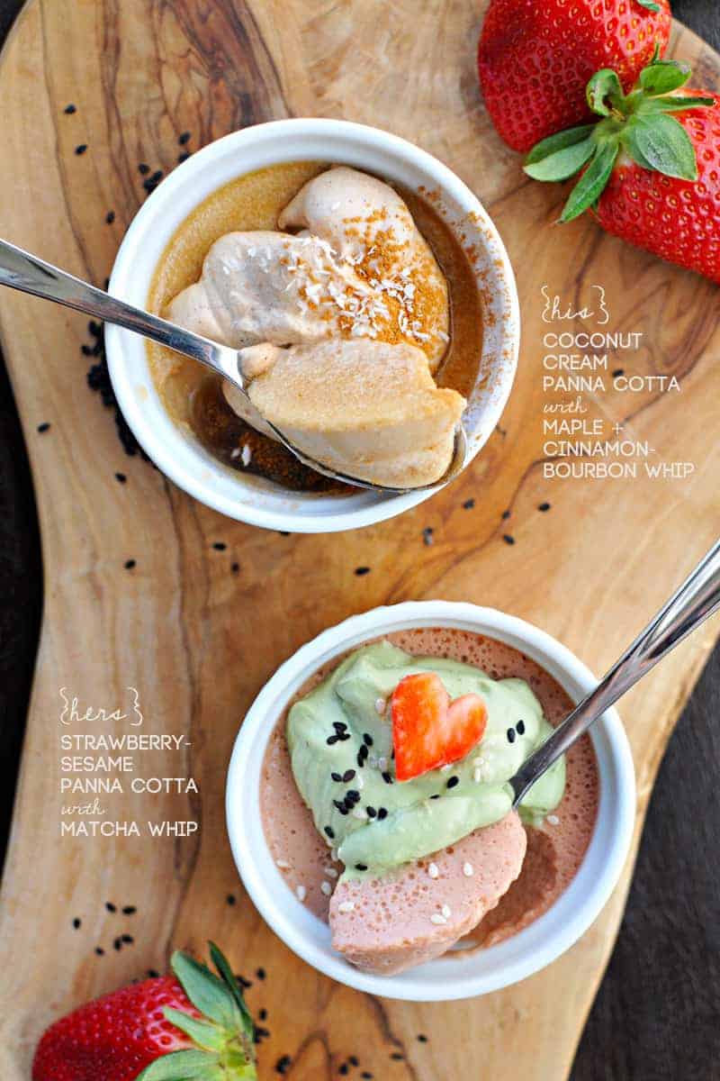 Two easy, perfectly romantic panna cotta recipes - Coconut Cream + Cinnamon-Bourbon Whip and Strawberry Sesame + Matcha Whip. Just 20 mins prep + chilling. Full recipes at www.thepigandquill.com. #recipe #sweets #valentinesday #dairyfree