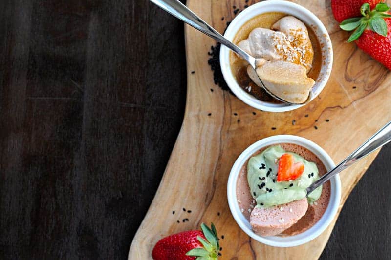 Two easy, perfectly romantic panna cotta recipes - Coconut Cream + Cinnamon-Bourbon Whip and Strawberry Sesame + Matcha Whip. Just 20 mins prep + chilling. Full recipes at www.thepigandquill.com. #recipe #sweets #valentinesday #dairyfree