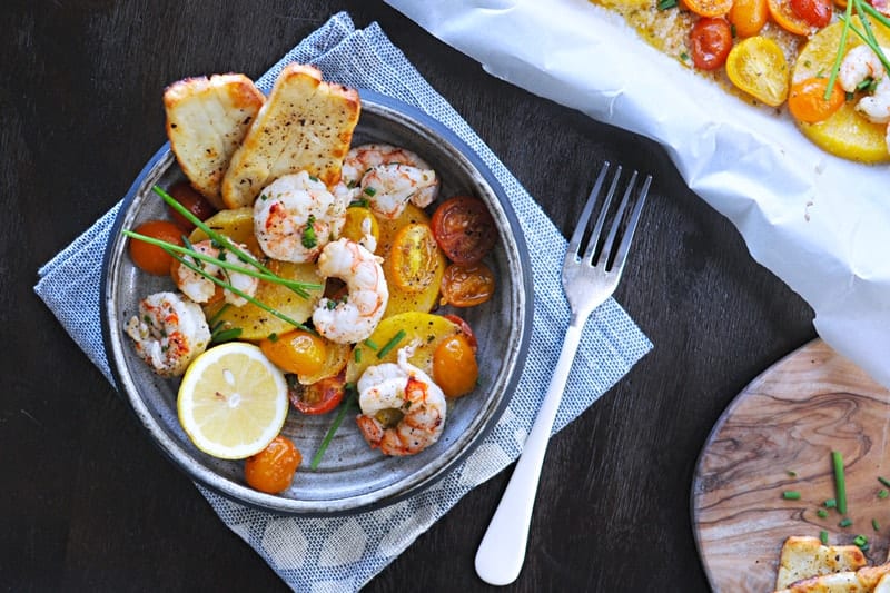 Roasted One-Pan Shrimp + Polenta with Halloumi or Pancetta Crisps (via thepigandquill.com)