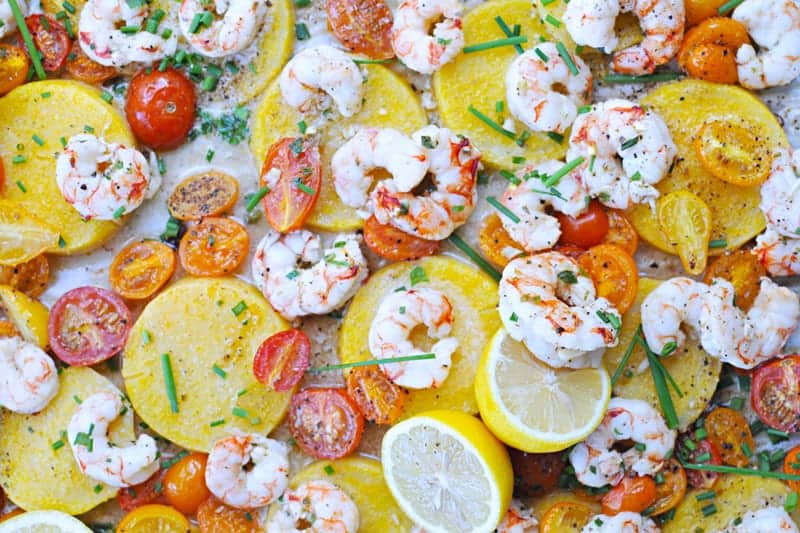 Roasted One-Pan Shrimp + Polenta with Halloumi or Pancetta Crisps (via thepigandquill.com)