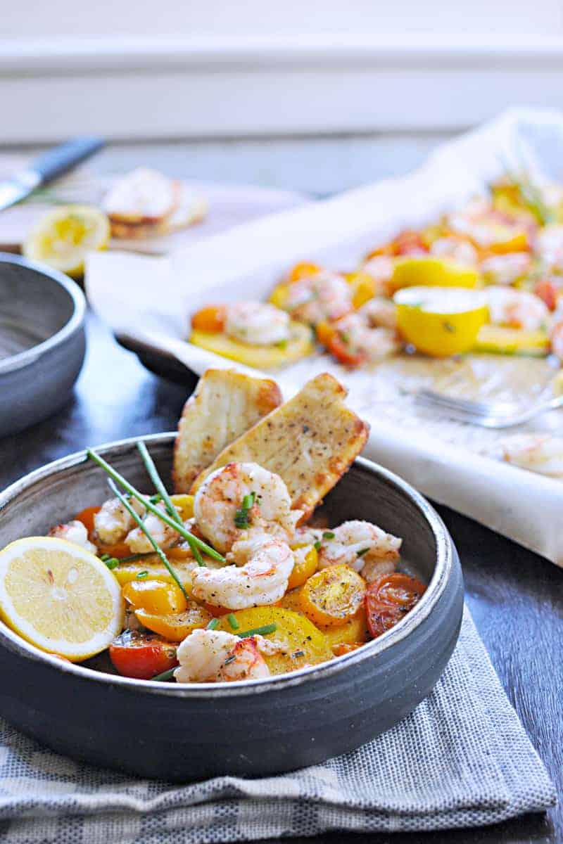Roasted One-Pan Shrimp + Polenta with Halloumi or Pancetta Crisps (via thepigandquill.com)