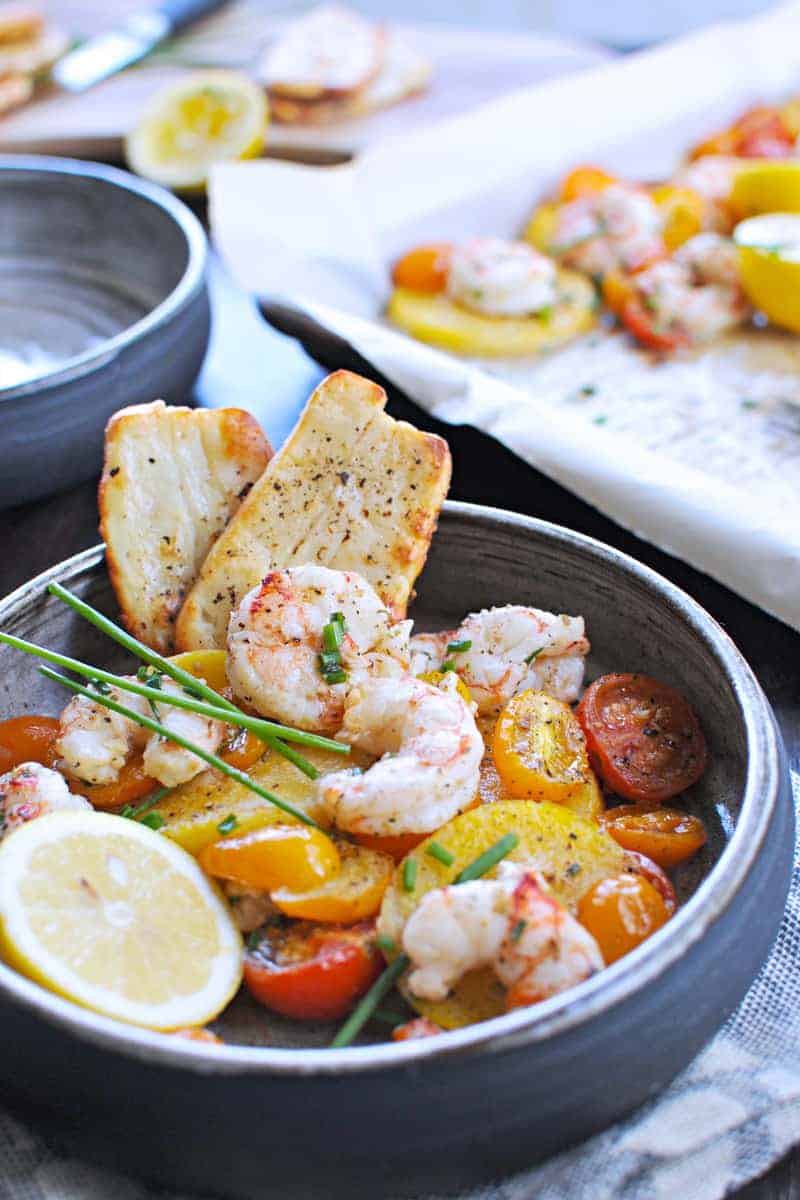 Roasted One-Pan Shrimp + Polenta with Halloumi or Pancetta Crisps (via thepigandquill.com)