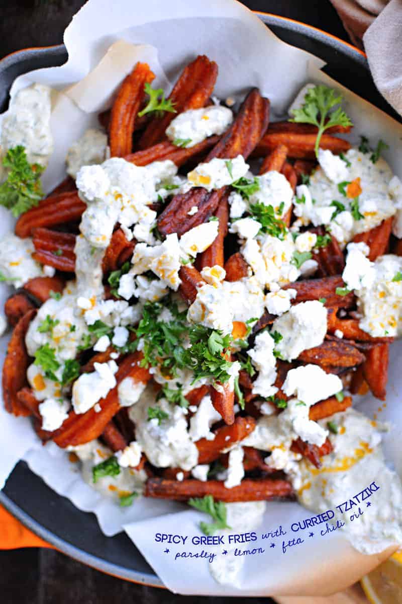 greek sweet potato fries with curried tzatziki (via thepigandquill.com)