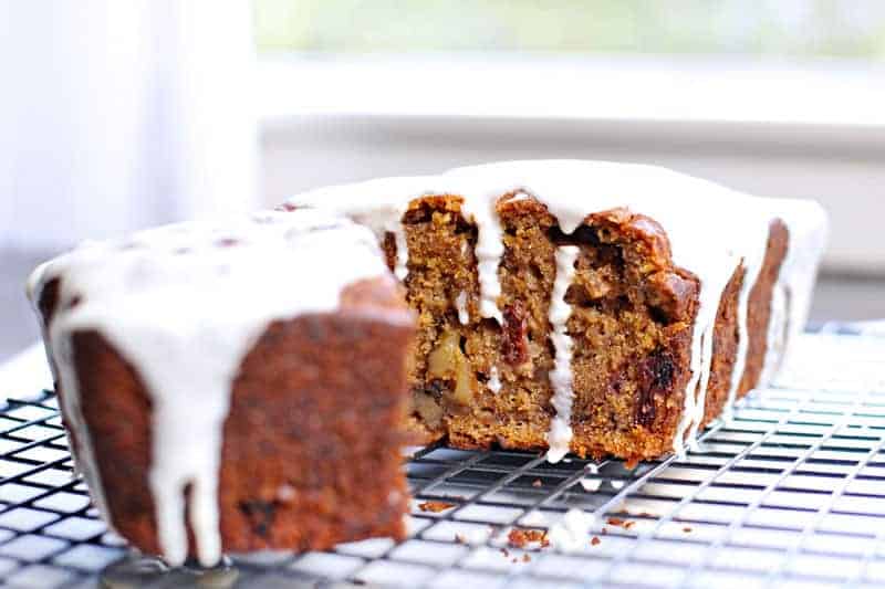 glazed pineapple-banana loaf cake with walnuts + cherries (via thepigandquill.com)