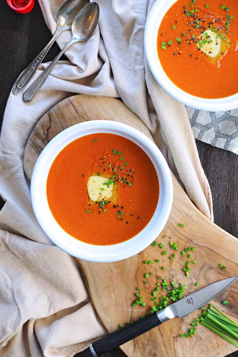 Buttered Miso-Tomato Soup with Roasted Garlic + Togarashi via thepigandquill.com