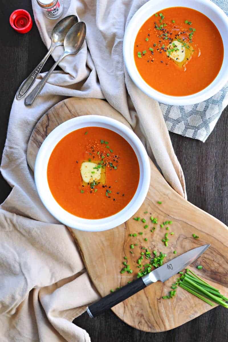 Buttered Miso-Tomato Soup with Roasted Garlic + Togarashi via thepigandquill.com