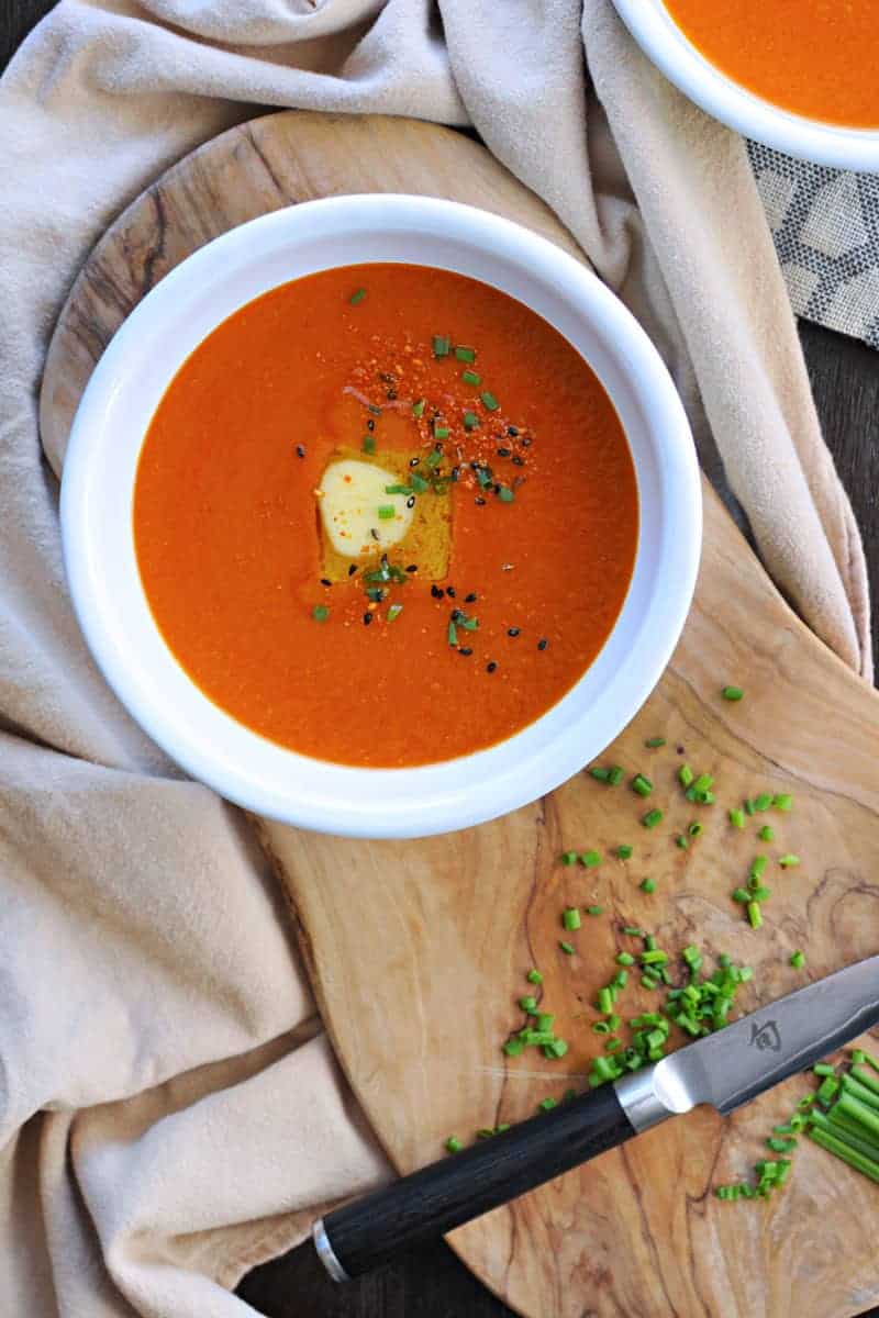Buttered Miso-Tomato Soup with Roasted Garlic + Togarashi via thepigandquill.com
