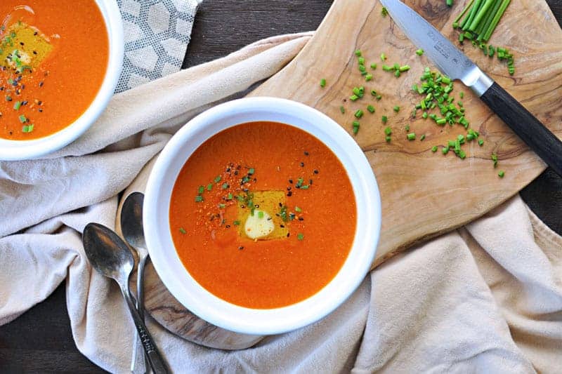 Buttered Miso-Tomato Soup with Roasted Garlic + Togarashi via thepigandquill.com