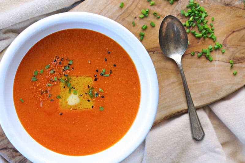 Buttered Miso-Tomato Soup with Roasted Garlic + Togarashi via thepigandquill.com