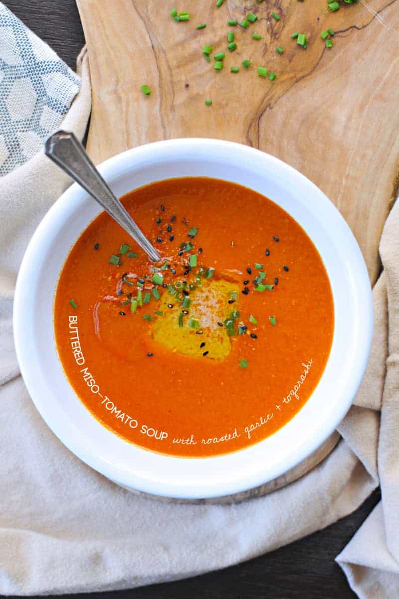 Buttered Miso-Tomato Soup with Roasted Garlic + Togarashi via thepigandquill.com