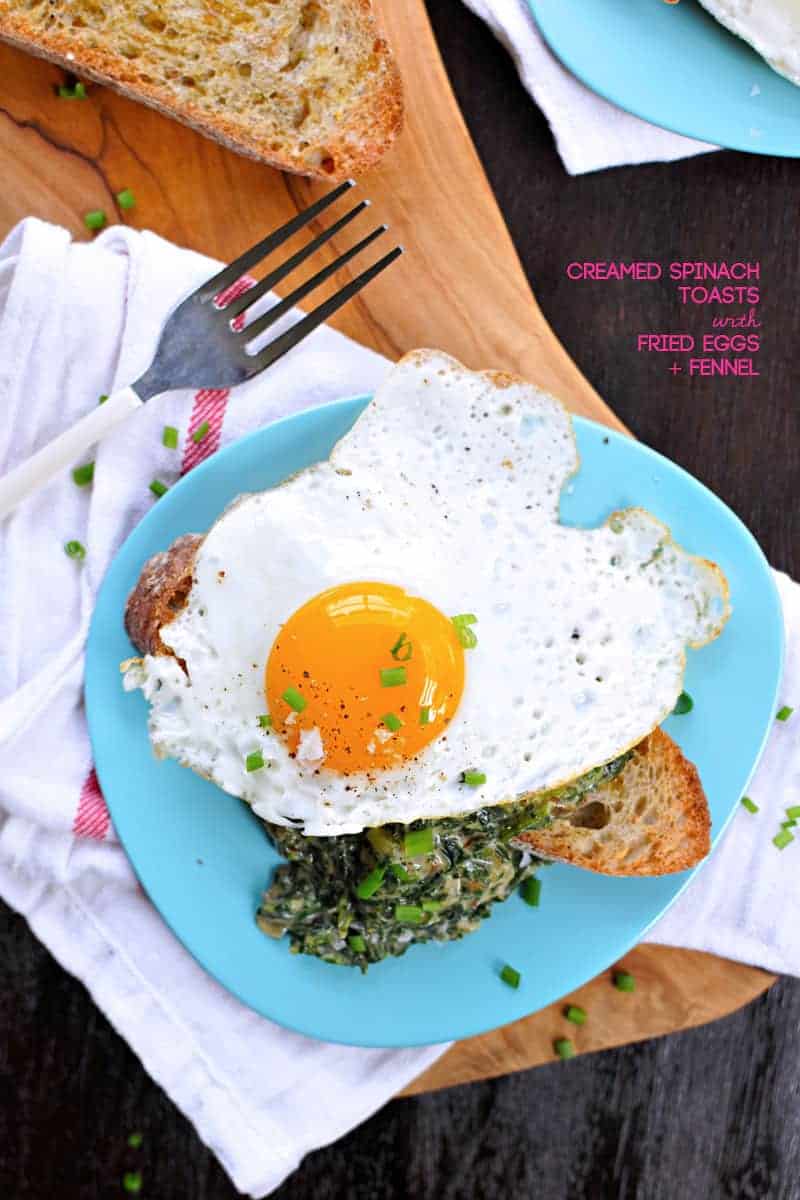 creamed spinach toasts with fried eggs + fennel (via thepigandquill.com)