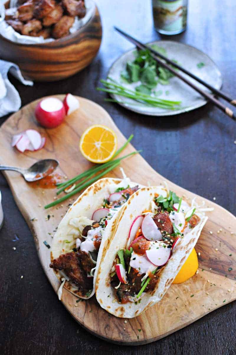 Mochiko Chicken Tacos with Tangy Umeboshi Mayo (via thepigandquill.com)