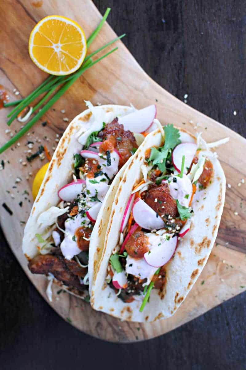 Mochiko Chicken Tacos with Tangy Umeboshi Mayo (via thepigandquill.com)