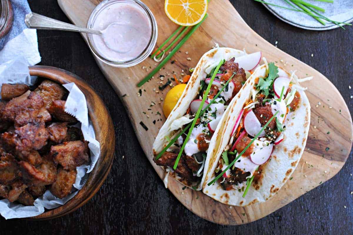 Mochiko Chicken Tacos with Tangy Umeboshi Mayo (via thepigandquill.com)