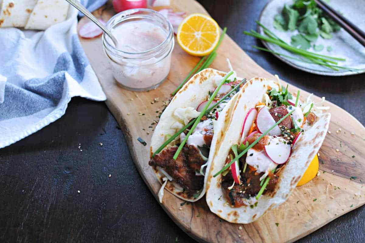 Mochiko Chicken Tacos with Tangy Umeboshi Mayo (via thepigandquill.com)