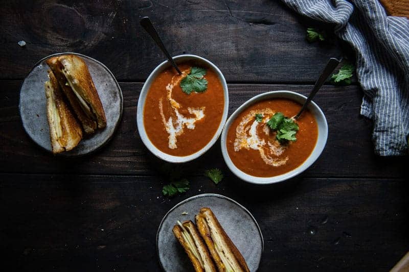 tomato-bacon bisque + apple-bacon grilled cheese |two red bowls guest post! (via thepigandquill.com)