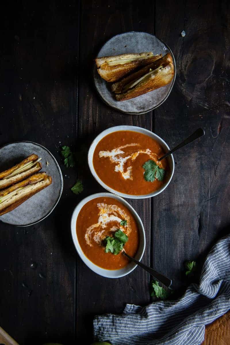 tomato-bacon bisque + apple-bacon grilled cheese |two red bowls guest post! (via thepigandquill.com)