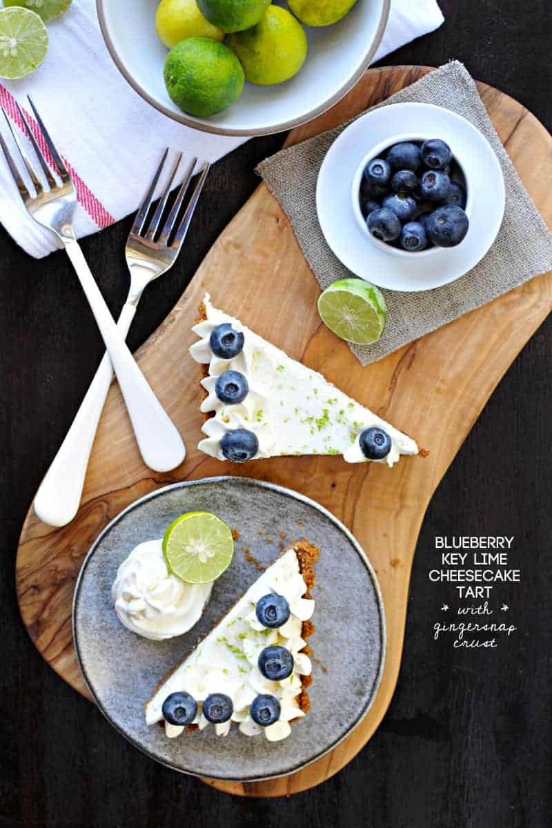 blueberry key lime cheesecake tart with gingersnap crust recipe via thepigandquill.com | #baking #sweets #dessert #summer