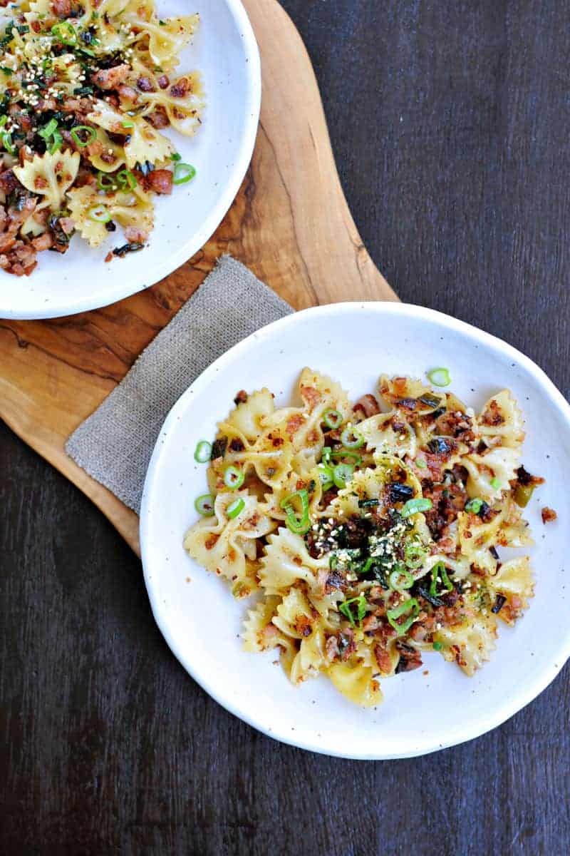 spicy caramelized spam + scallion pasta recipe via thepigandquill.com | #pasta #dinner #recipe #summer