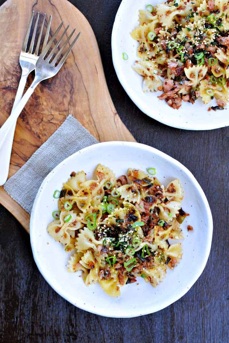 spicy caramelized spam + scallion pasta recipe via thepigandquill.com | #pasta #dinner #recipe #summer