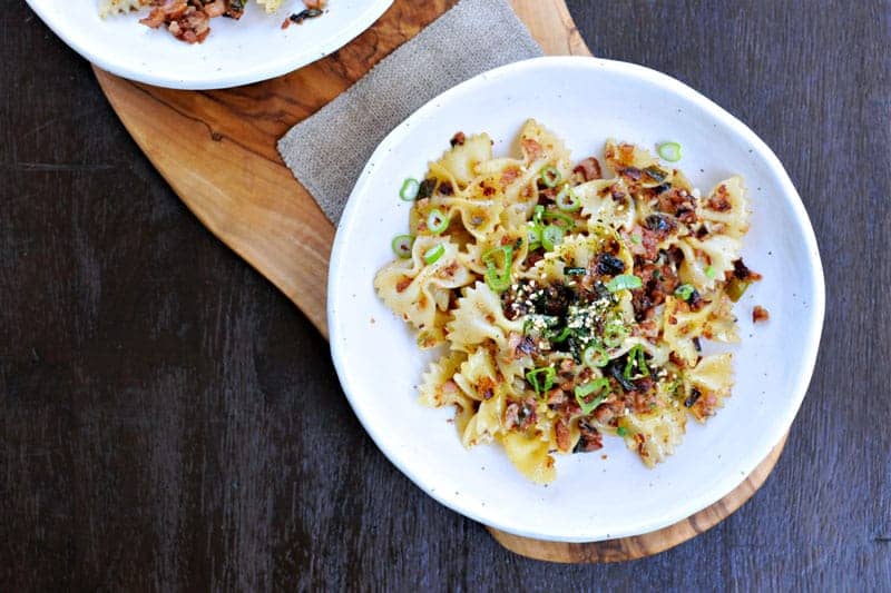 spicy caramelized spam + scallion pasta recipe via thepigandquill.com | #pasta #dinner #recipe #summer