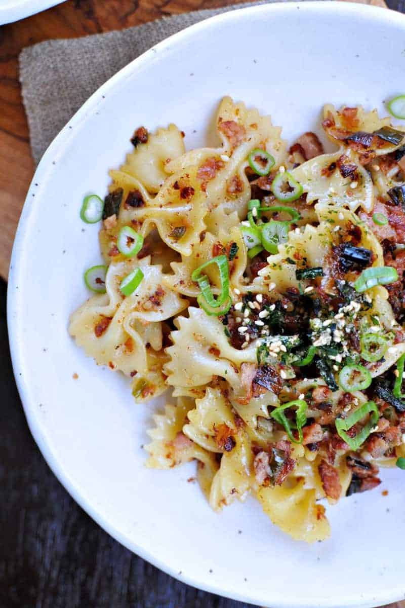 spicy caramelized spam + scallion pasta recipe via thepigandquill.com | #pasta #dinner #recipe #summer