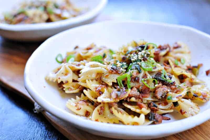 spicy caramelized spam + scallion pasta recipe via thepigandquill.com | #pasta #dinner #recipe #summer