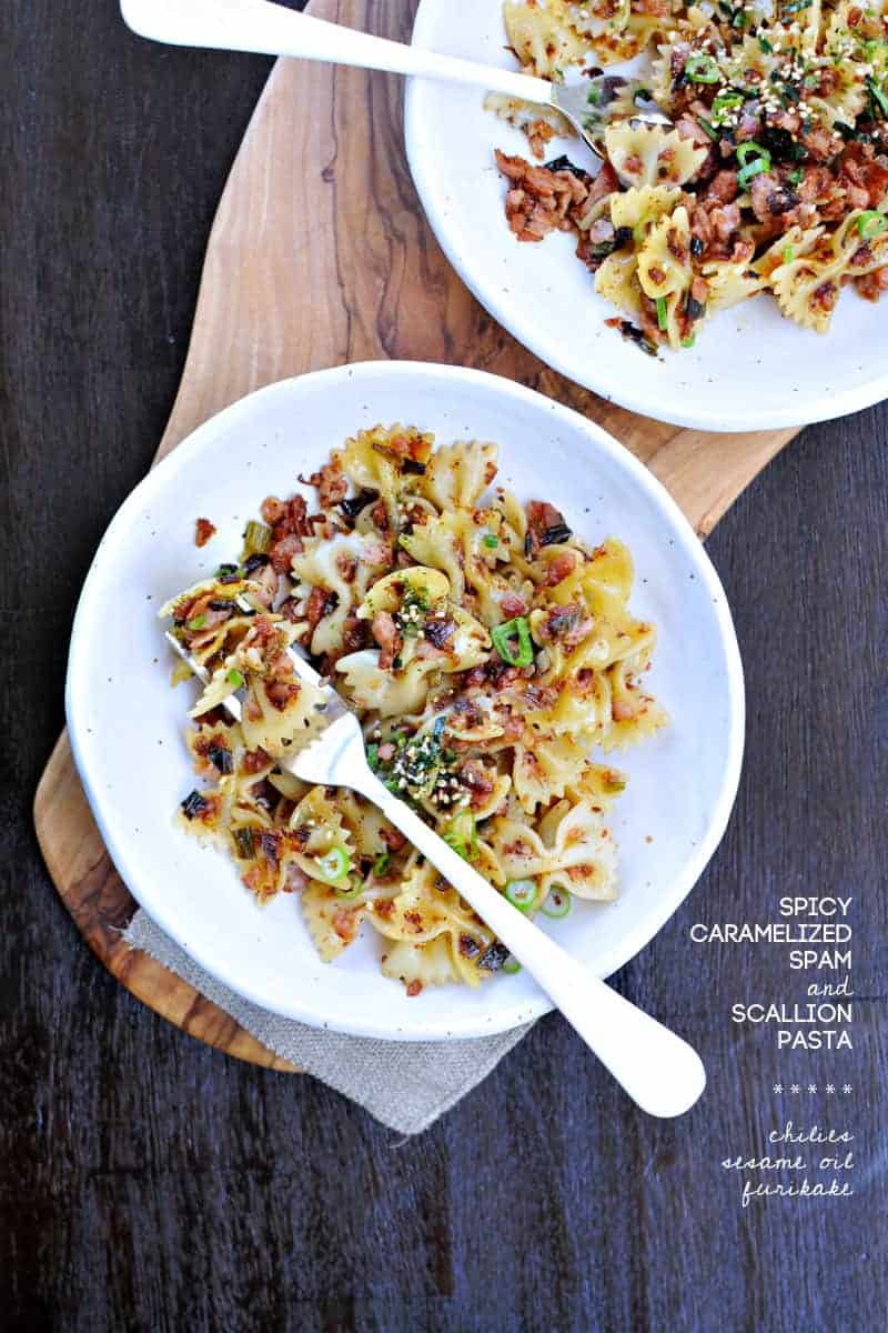 spicy caramelized spam + scallion pasta recipe via thepigandquill.com | #pasta #dinner #recipe #summer