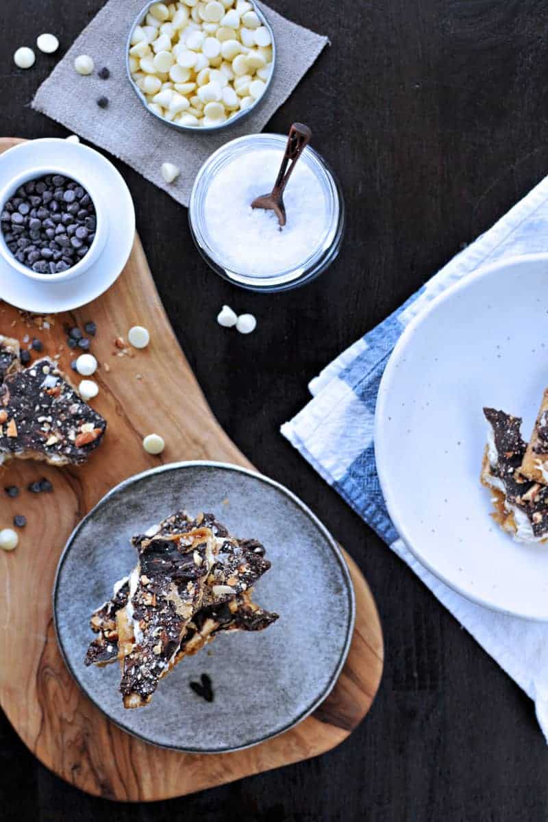 Salted Double Chocolate Cracker Crack (Saltine Toffee) with Roasted Almonds | via thepigandquill.com #recipe #sweets #candy #chocolate