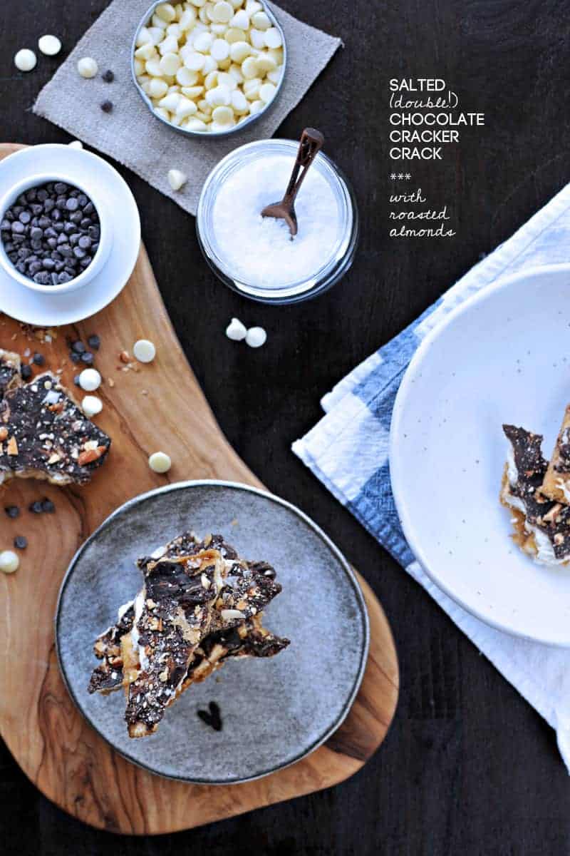 Salted Double Chocolate Cracker Crack (Saltine Toffee) with Roasted Almonds | via thepigandquill.com #recipe #sweets #candy #chocolate