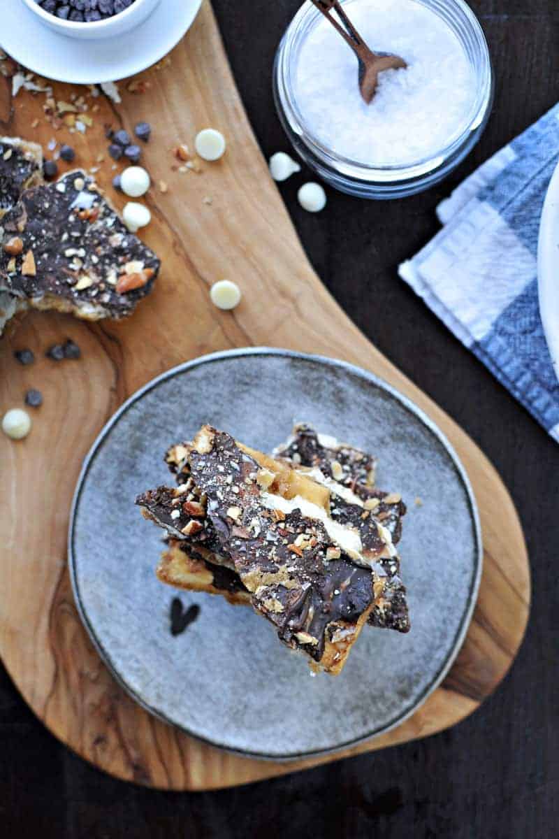 Salted Double Chocolate Cracker Crack (Saltine Toffee) with Roasted Almonds | via thepigandquill.com #recipe #sweets #candy #chocolate